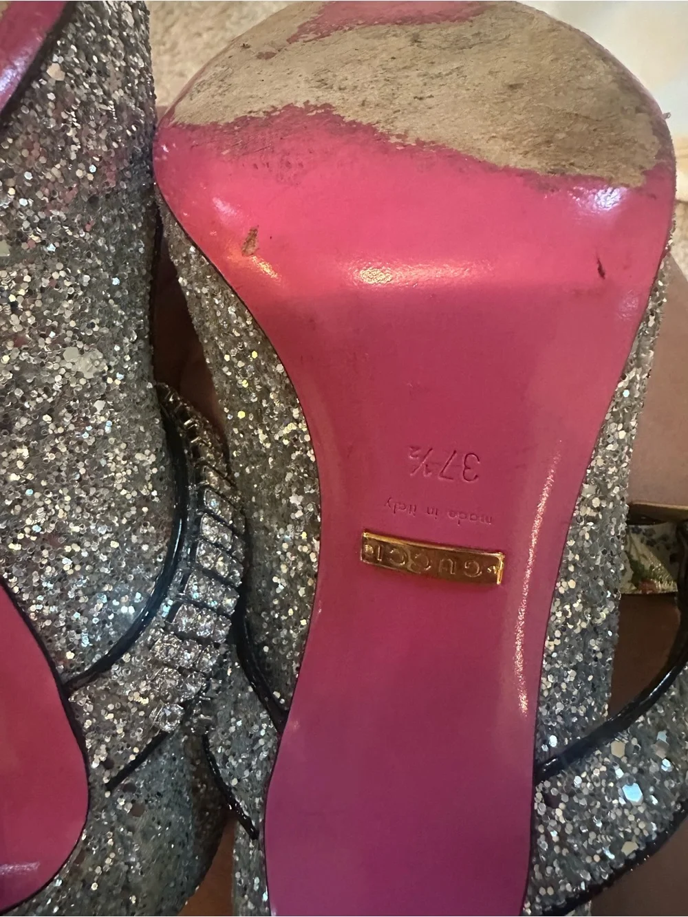 Gucci Silver Glitter Pointed Mary Jane Flats with Rhinestone Strap